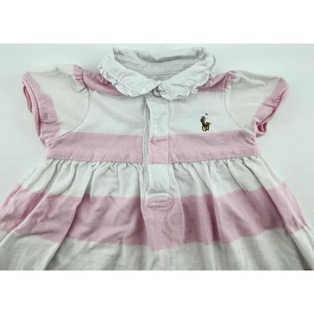 Ralph Lauren Baby Girl Short Sleeve Collared Polo Dress Pink/White Striped Sz 9M